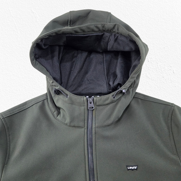 Levi’s Olive Green Softshell Bomber Jacket Hooded Zip Up Jacket Size Small NWT - Picture 2 of 13